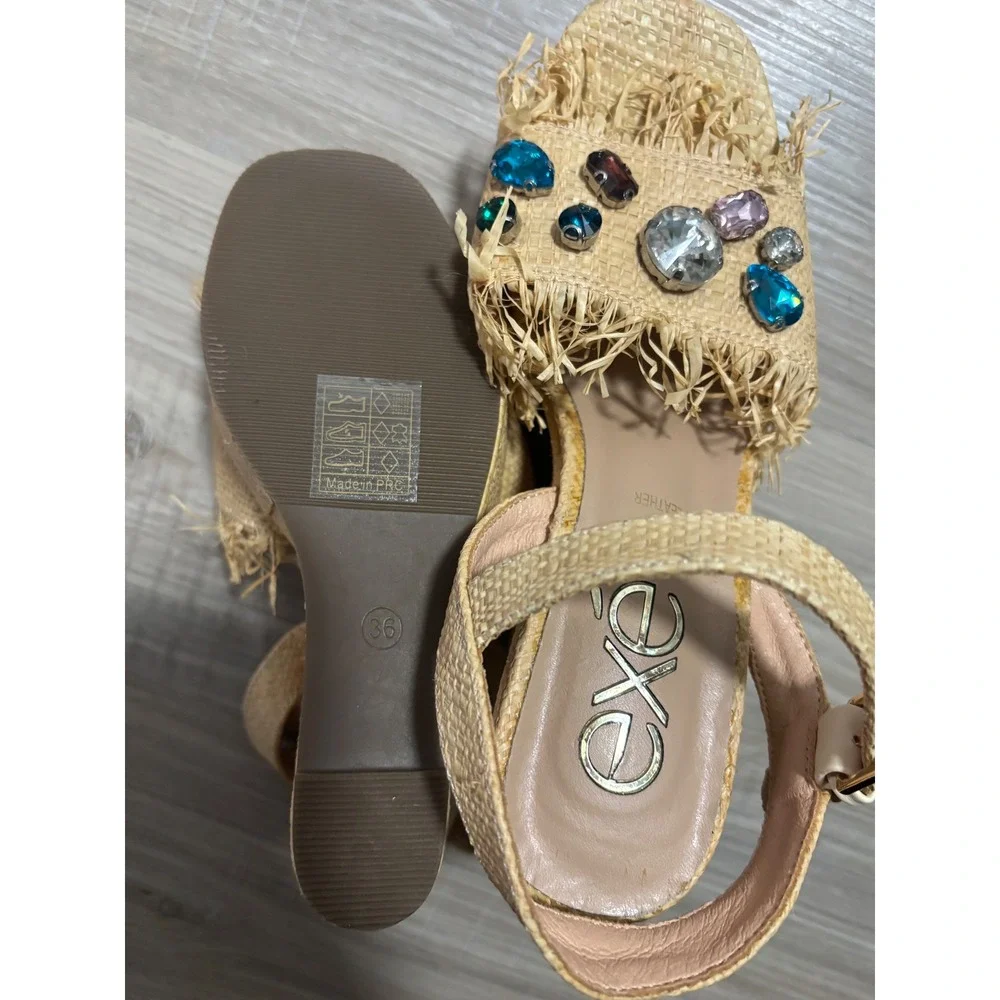 Exe Raffia Wedge Sandals Bejeweled Fringe Platform Ankle Strap‎ Tan Multi 36